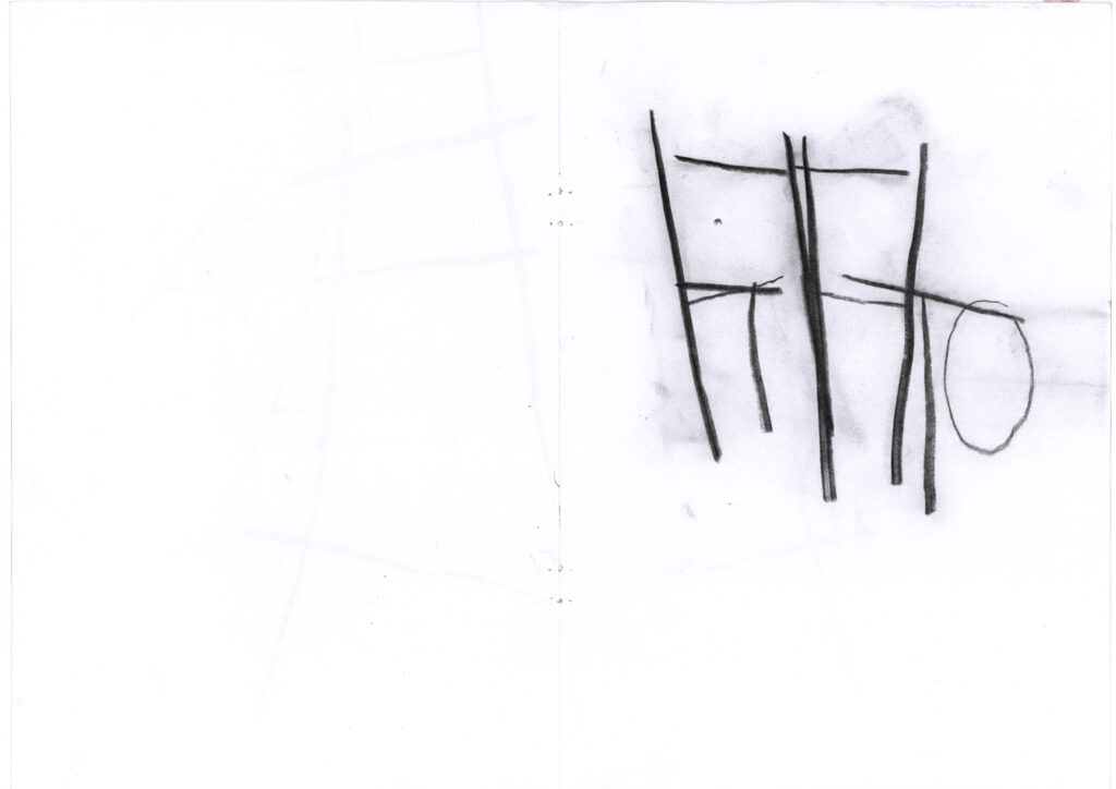 Eine Zeichnung architektonischer Strukturen in Zeichenkohle auf Papier